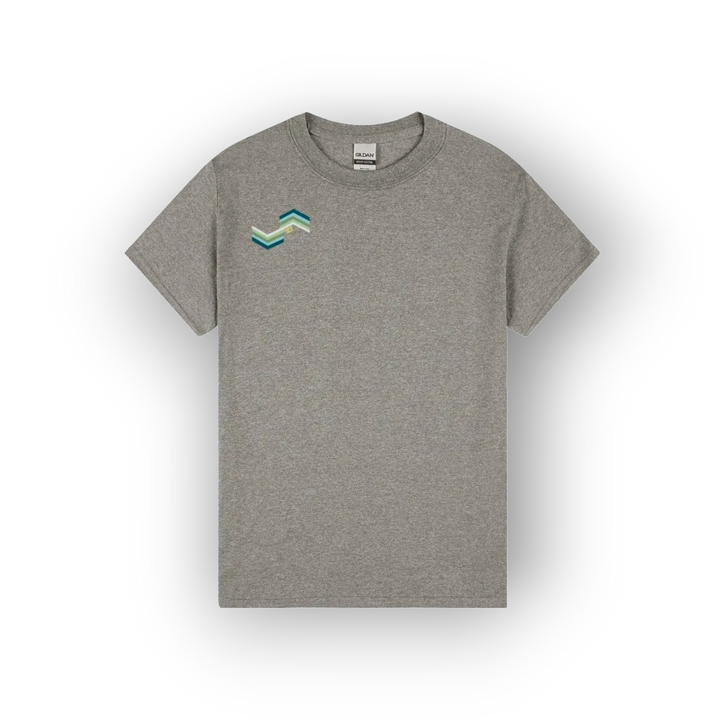 A heather gray short-sleeve crewneck t-shirt with a small geometric mountain logo on the left chest in shades of teal, green, and light blue, displayed on a clean white background.