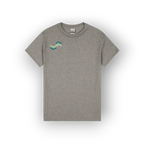 A heather gray short-sleeve crewneck t-shirt with a small geometric mountain logo on the left chest in shades of teal, green, and light blue, displayed on a clean white background.