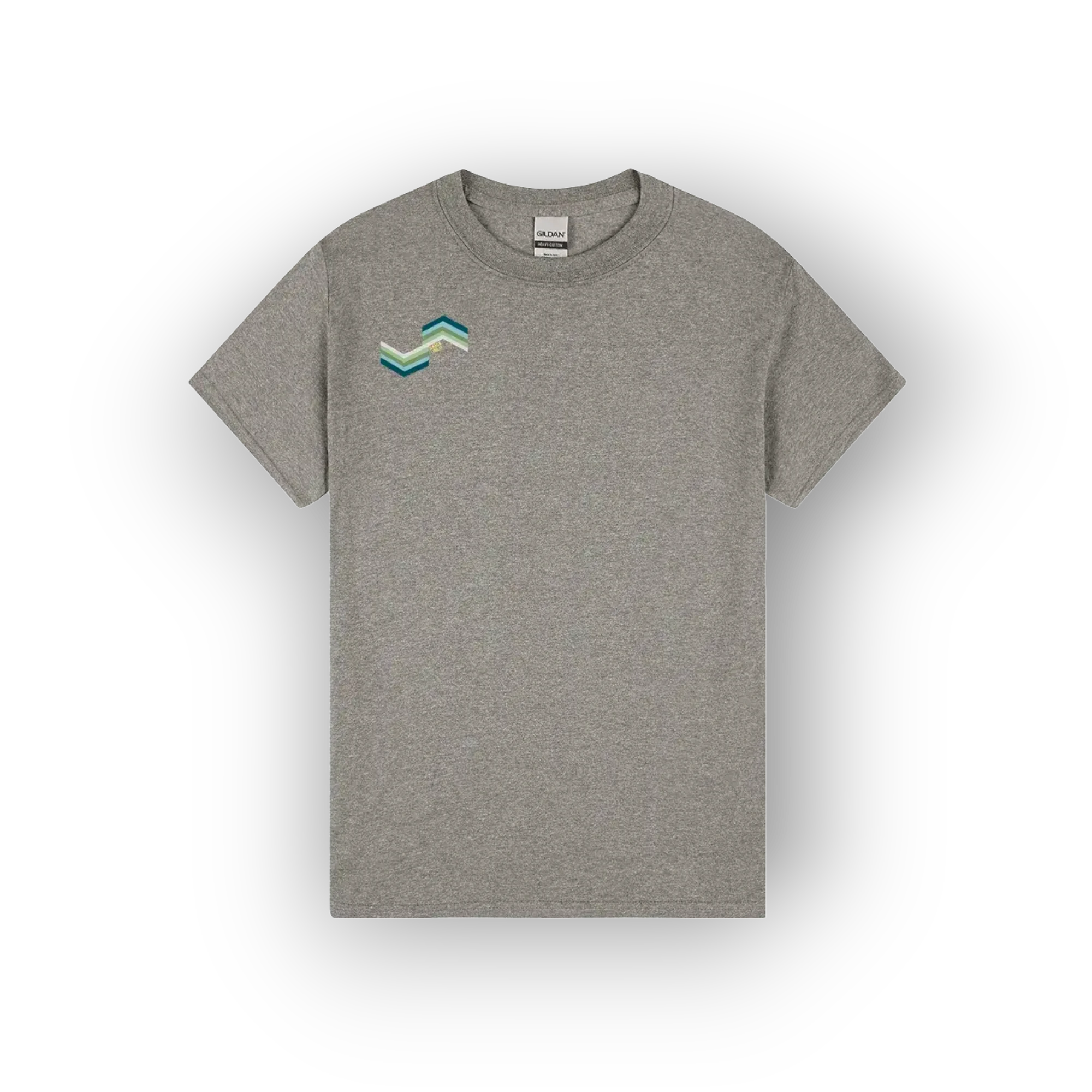 A heather gray short-sleeve crewneck t-shirt with a small geometric mountain logo on the left chest in shades of teal, green, and light blue, displayed on a clean white background.