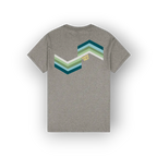 A heather gray short-sleeve t-shirt shown from the back, featuring a large chevron graphic in shades of teal, green, and white, with a small yellow 'SAIGE HILH' logo printed on the center of the graphic.
