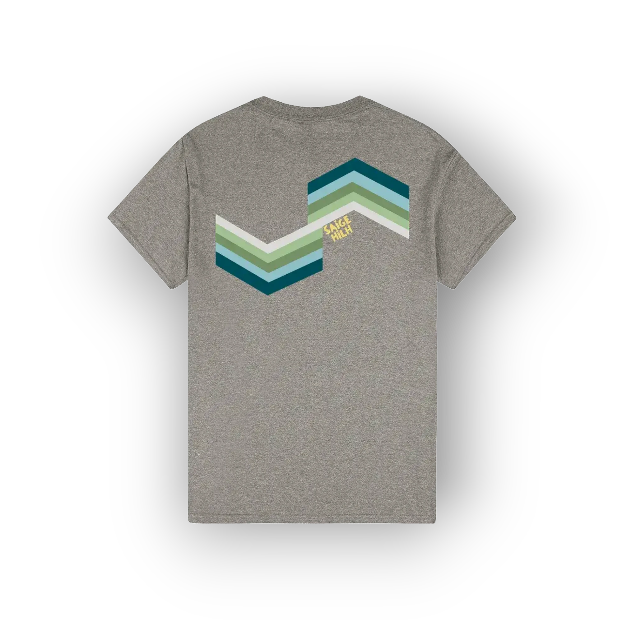 A heather gray short-sleeve t-shirt shown from the back, featuring a large chevron graphic in shades of teal, green, and white, with a small yellow 'SAIGE HILH' logo printed on the center of the graphic.