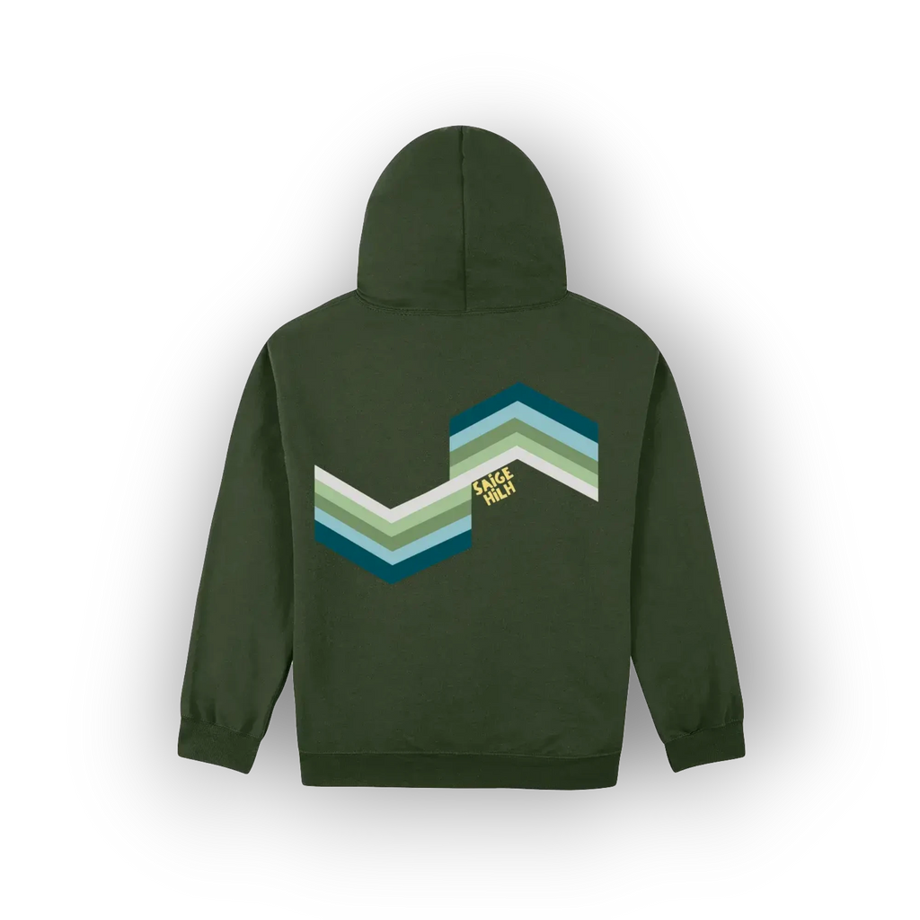 An olive green pullover hoodie shown from the back, featuring an original artist design retro chevron graphic in shades of teal, green, and white with the text 'SAIGE HILH' in yellow.