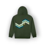 An olive green pullover hoodie shown from the back, featuring an original artist design retro chevron graphic in shades of teal, green, and white with the text 'SAIGE HILH' in yellow.