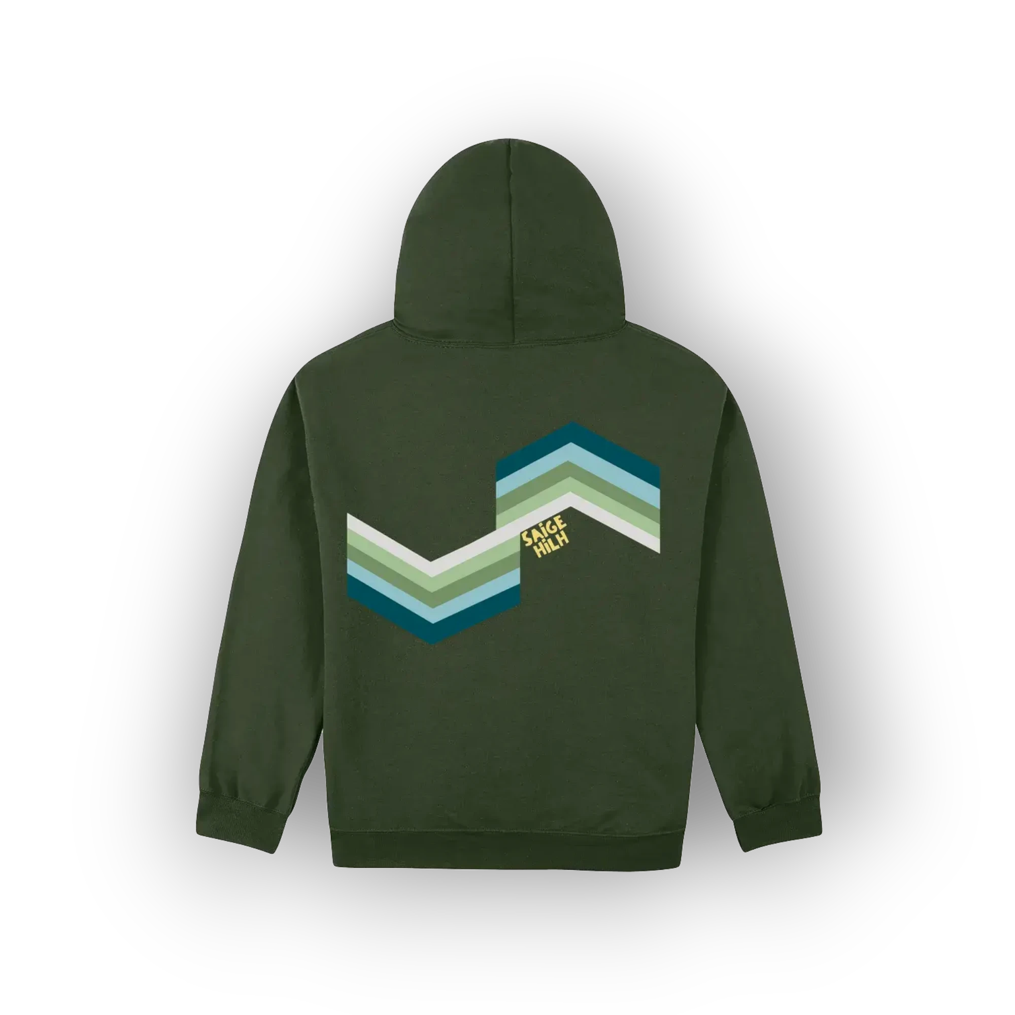 An olive green pullover hoodie shown from the back, featuring an original artist design retro chevron graphic in shades of teal, green, and white with the text 'SAIGE HILH' in yellow.