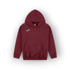 A maroon pullover hoodie with a small embroidered multicolor wave logo on the left chest, displayed against a clean white background.