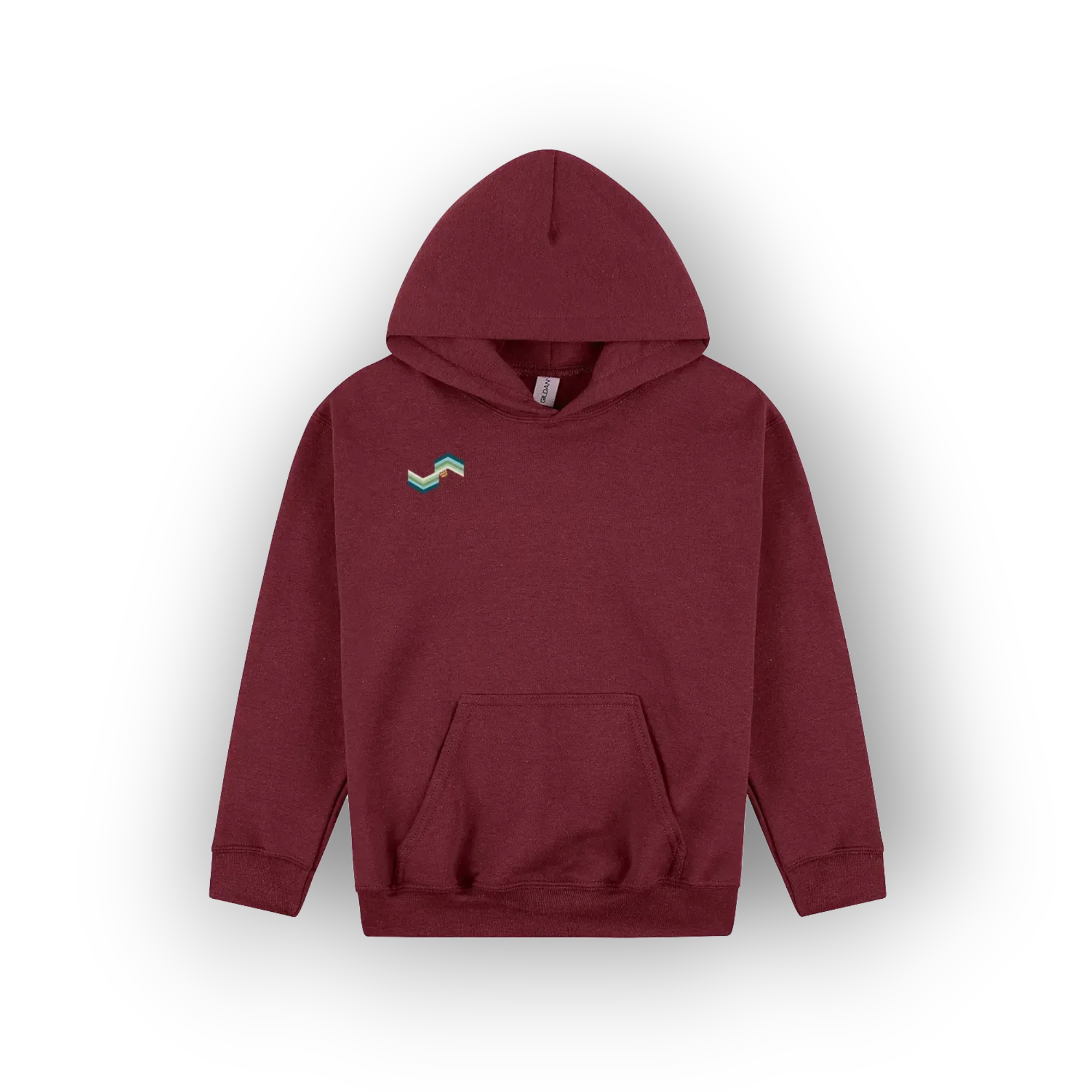 A maroon pullover hoodie with a small embroidered multicolor wave logo on the left chest, displayed against a clean white background.