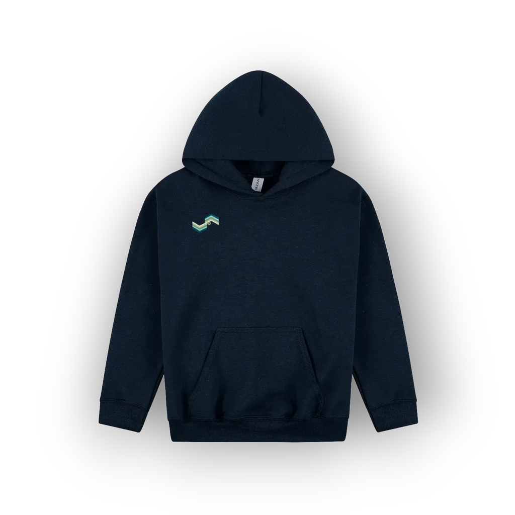 A dark navy blue pullover hoodie with a small green and blue wave graphic on the left chest, displayed against a clean white background.