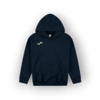 A dark navy blue pullover hoodie with a small green and blue wave graphic on the left chest, displayed against a clean white background.
