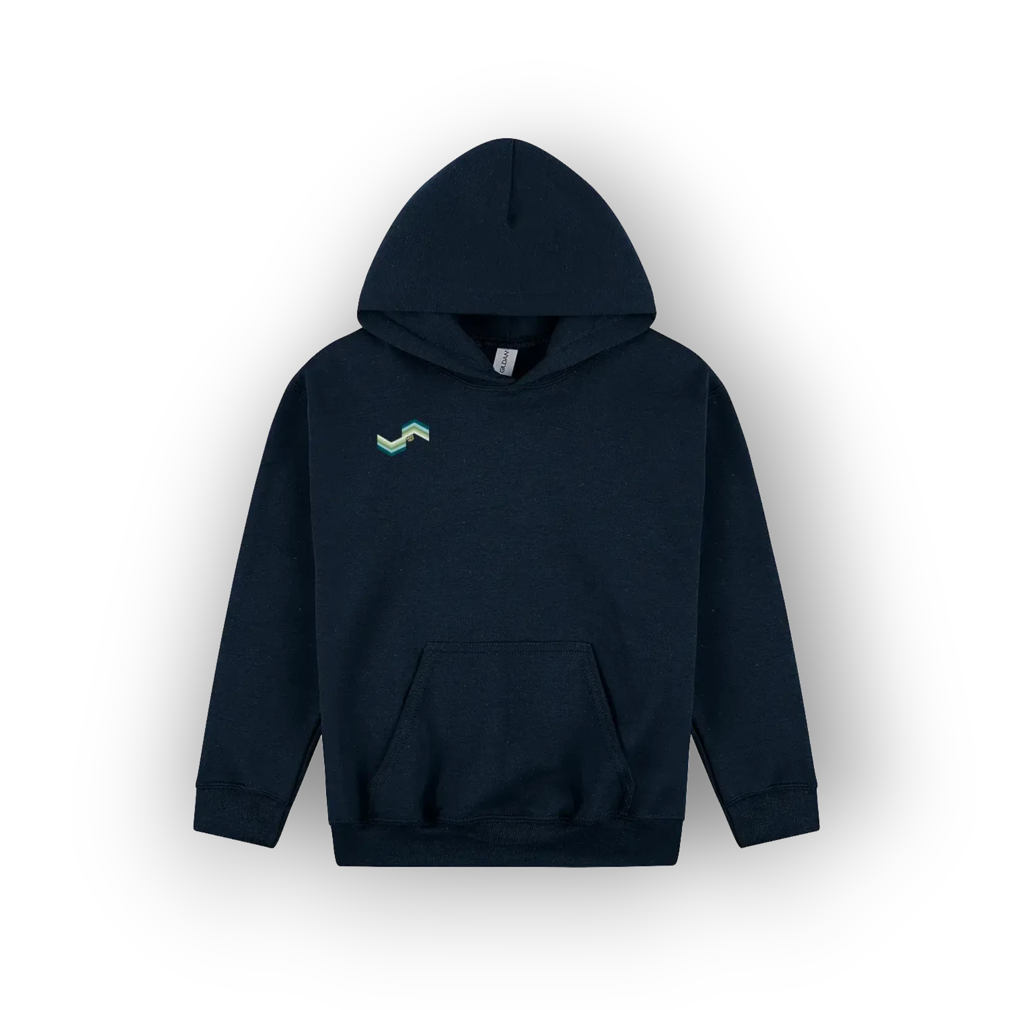 A dark navy blue pullover hoodie with a small green and blue wave graphic on the left chest, displayed against a clean white background.