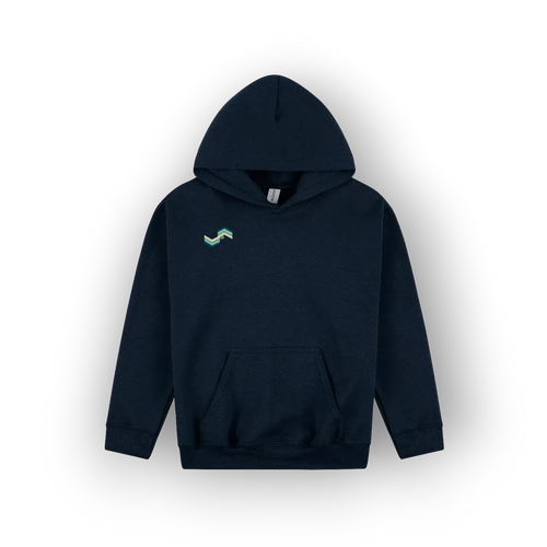 A dark navy blue pullover hoodie with a small green and blue wave graphic on the left chest, displayed against a clean white background.