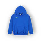 A bright blue pullover hoodie with a small green and blue wave graphic on the left chest, displayed against a clean white background.