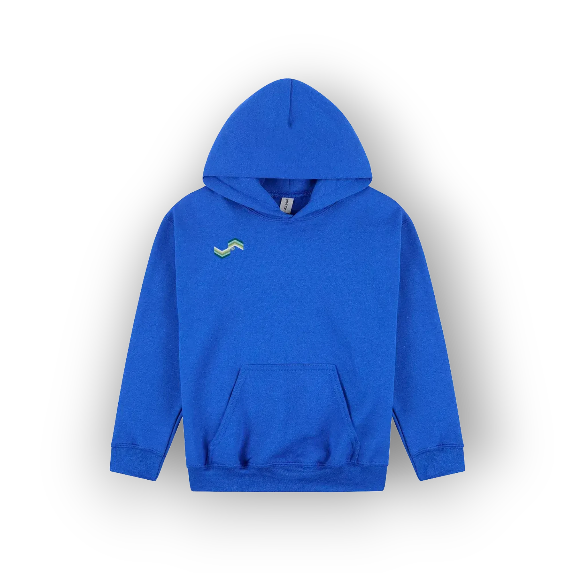 A bright blue pullover hoodie with a small green and blue wave graphic on the left chest, displayed against a clean white background.