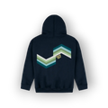 A navy blue hoodie shown from the back, featuring a large chevron graphic in shades of green, teal, and white, with the text 'SAIGE HILH' printed vertically in yellow.