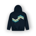 A navy blue hoodie shown from the back, featuring a large chevron graphic in shades of green, teal, and white, with the text 'SAIGE HILH' printed vertically in yellow.