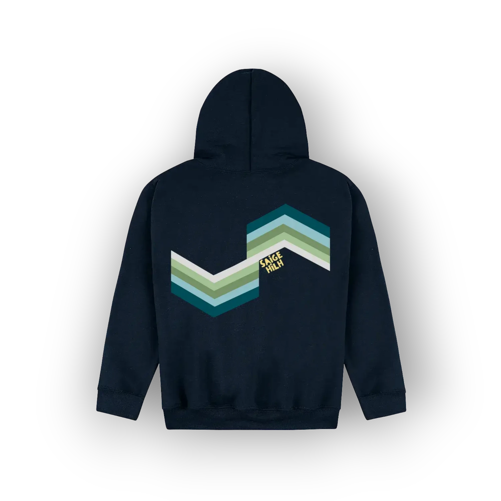 A navy blue hoodie shown from the back, featuring a large chevron graphic in shades of green, teal, and white, with the text 'SAIGE HILH' printed vertically in yellow.