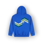 A royal blue hoodie shown from the back, featuring a large chevron graphic in shades of green, teal, and white with the text 'SAIGE HILH' printed on it.