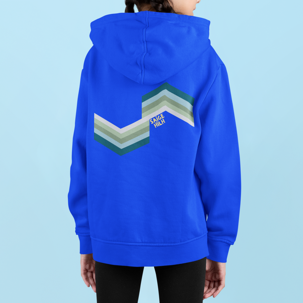 A person shown from the back wearing a bright royal blue hoodie with a large retro chevron graphic in green, teal, grey, and white across the upper back. The graphic includes the text 'SAIGE HILH'.