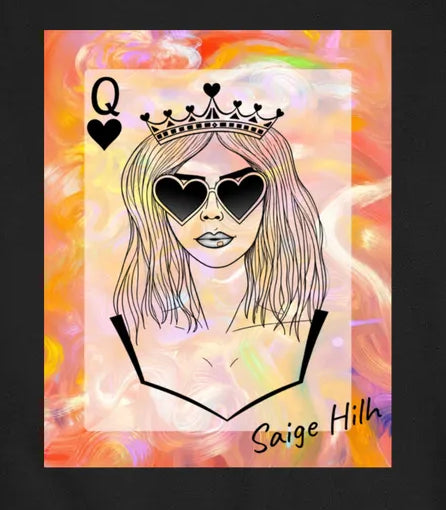 A black crewneck sweatshirt featuring a colorful graphic print of a stylized queen playing card illustration on the back, set against a plain white background.