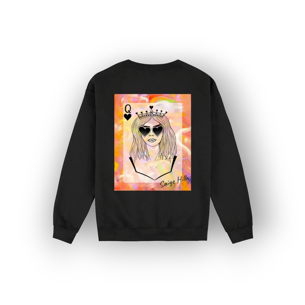 A black crewneck sweatshirt shown from the back, featuring a colourful graphic print of a queen playing card illustration with the text 'Saige Hilh'.