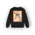A black crewneck sweatshirt shown from the back, featuring a colourful graphic print of a queen playing card illustration with the text 'Saige Hilh'.