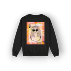A black crewneck sweatshirt shown from the back, featuring a colourful graphic print of a queen playing card illustration with the text 'Saige Hilh'.