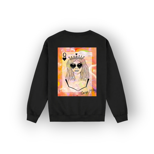A black crewneck sweatshirt shown from the back, featuring a colourful graphic print of a queen playing card illustration with the text 'Saige Hilh'.