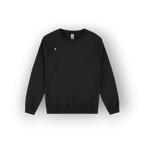 A black crewneck sweatshirt with a small pink heart logo on the left chest, displayed against a clean white background with a soft drop shadow.