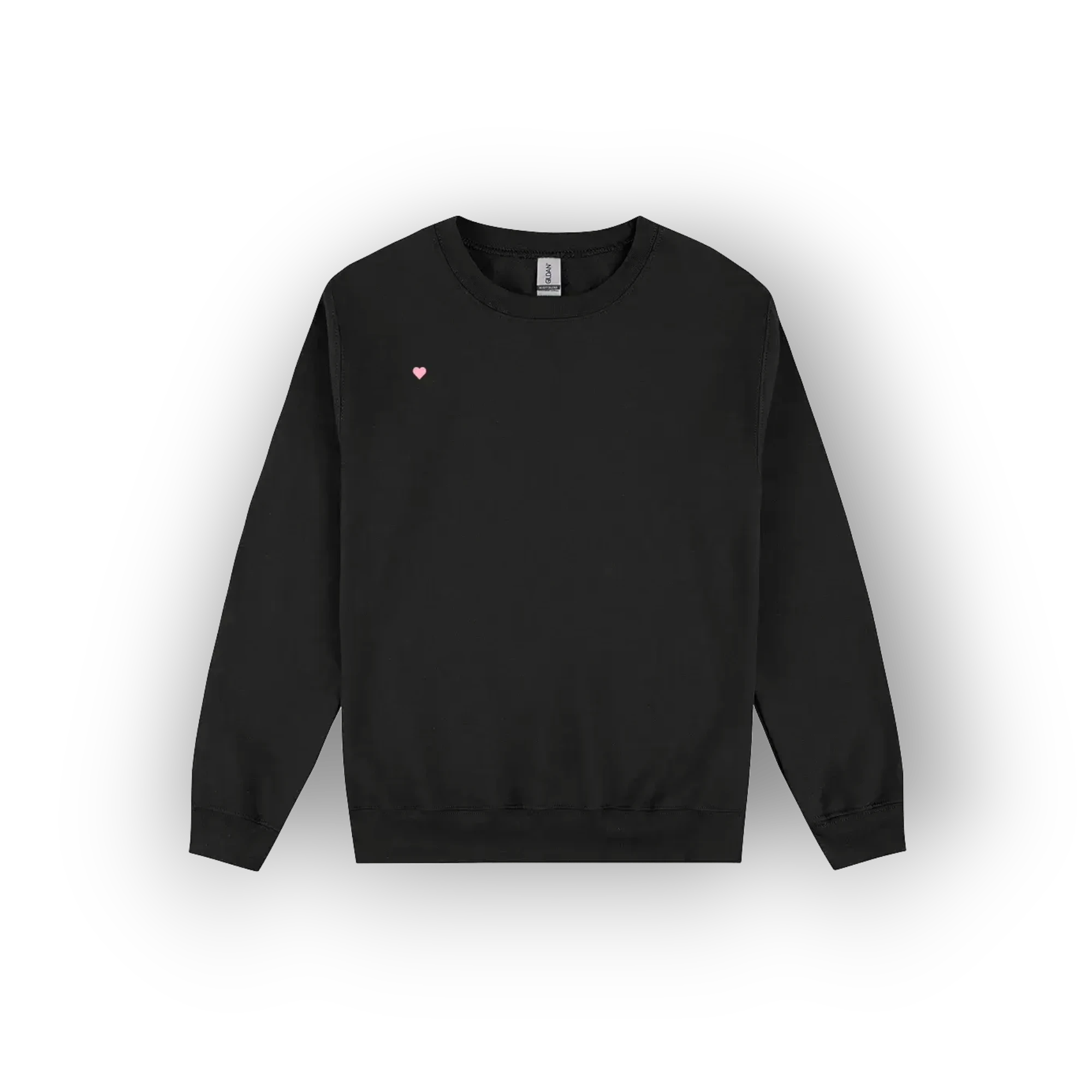 A black crewneck sweatshirt with a small pink heart logo on the left chest, displayed against a clean white background with a soft drop shadow.