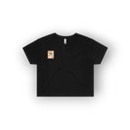 A black short-sleeve crop top t-shirt with a small square graphic on the left chest, displayed flat against a white background with a soft drop shadow.