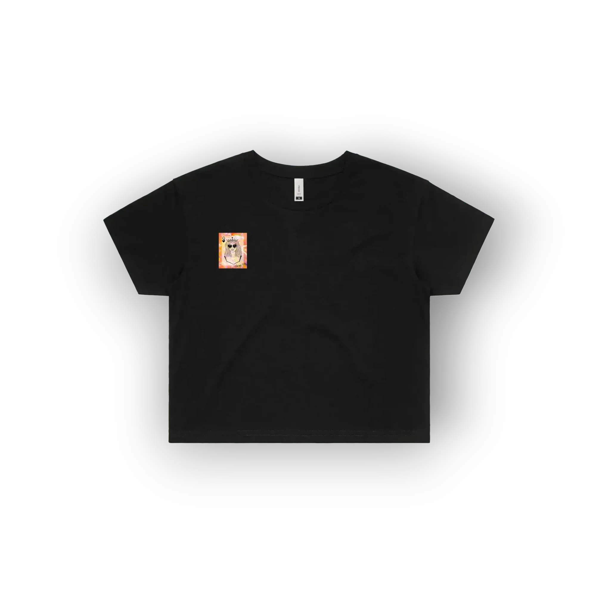A black short-sleeve crop top t-shirt with a small square graphic on the left chest, displayed flat against a white background with a soft drop shadow.