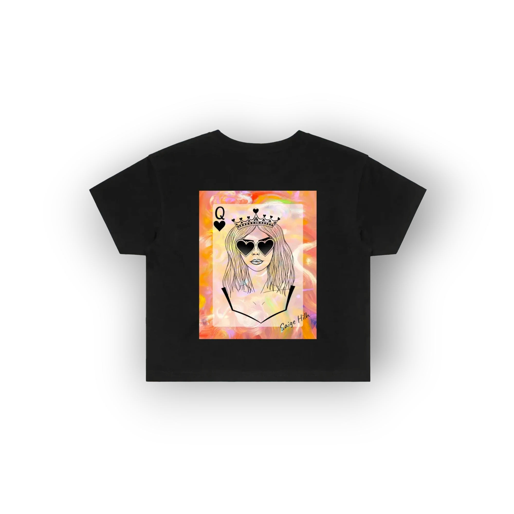 A black short-sleeve t-shirt with a colorful graphic print of a queen playing card illustration on the chest, displayed against a plain white background.