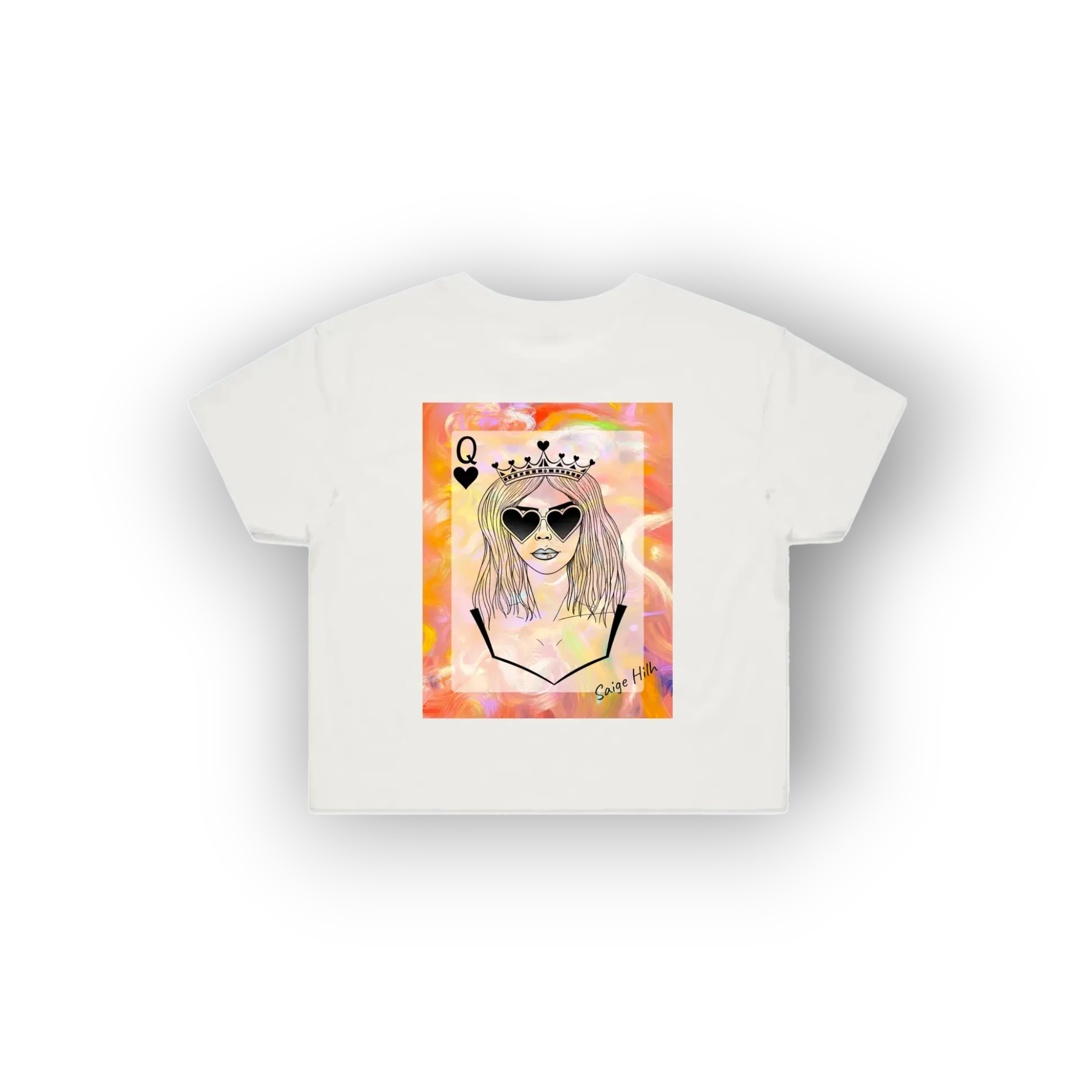 A white short-sleeve t-shirt with a colorful graphic print of a stylized female figure wearing a crown and sunglasses, set against a plain white background.
