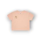 A light peach-pink short-sleeve t-shirt with a small square graphic on the left chest, displayed flat against a white background with a soft drop shadow.