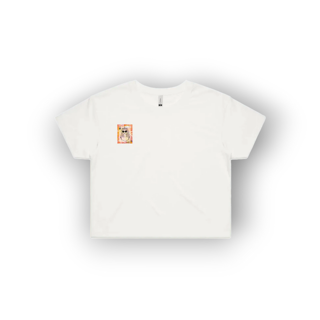 A white short-sleeve crop top t-shirt with a small square graphic on the left chest, displayed on a clean white background with a soft drop shadow.