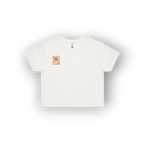 A white short-sleeve crop top t-shirt with a small square graphic on the left chest, displayed on a clean white background with a soft drop shadow.