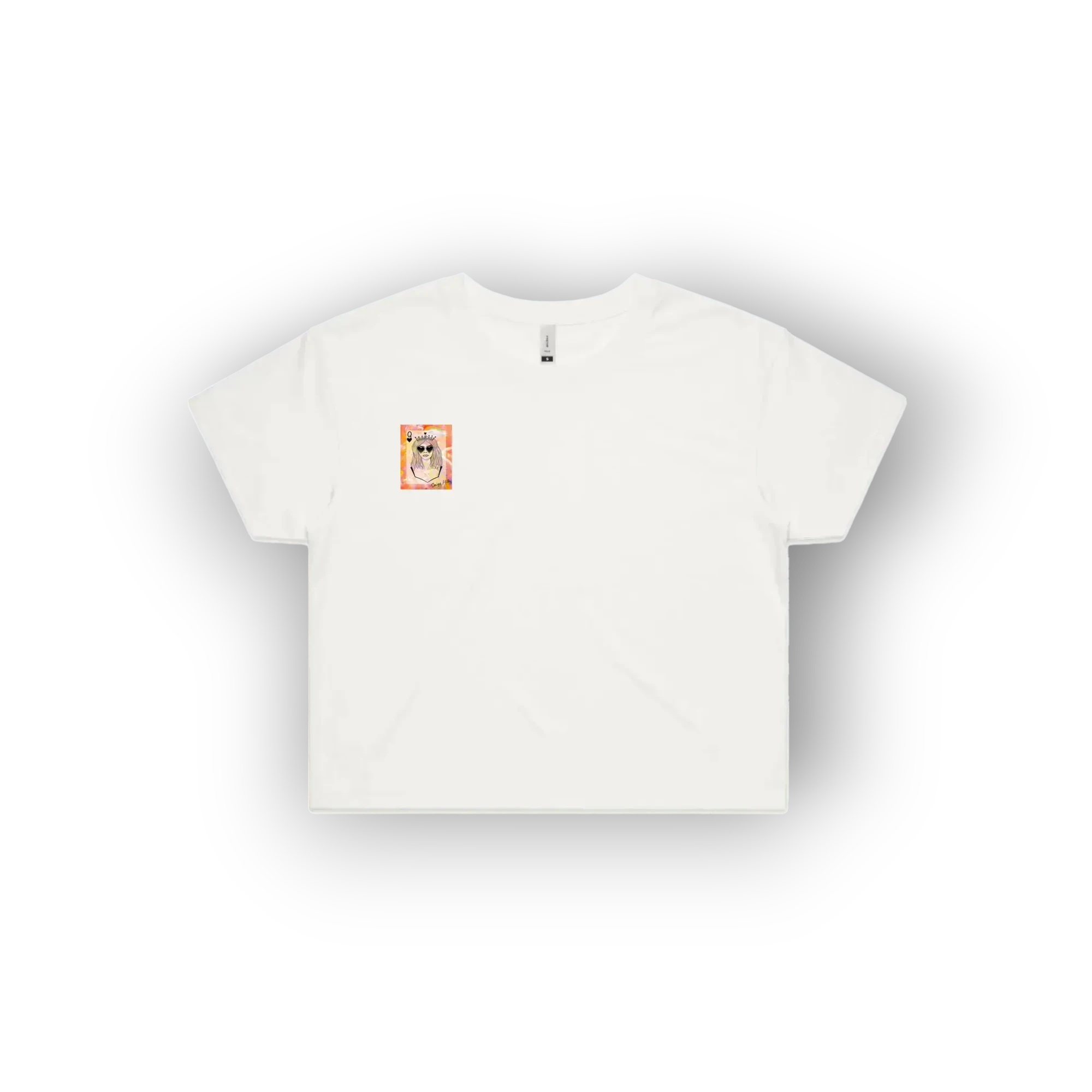 A white short-sleeve crop top t-shirt with a small square graphic on the left chest, displayed on a clean white background with a soft drop shadow.