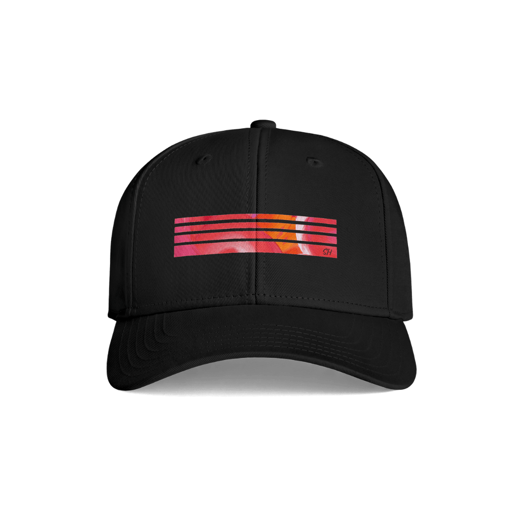 A black baseball cap with a curved brim, featuring a front graphic of horizontal pink, orange, and yellow stripes with a small 'dr.'s' logo on the right side, set against a plain white background.