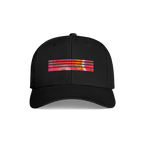 A black baseball cap with a curved brim, featuring a front graphic of horizontal pink, orange, and yellow stripes with a small 'dr.'s' logo on the right side, set against a plain white background.