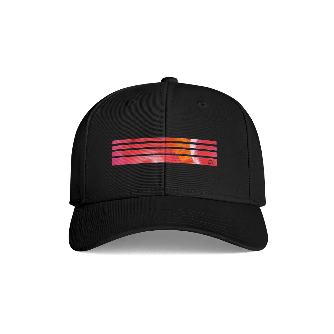 A black baseball cap with a curved brim, featuring a front graphic of horizontal pink, orange, and yellow stripes with a small 'dr.'s' logo on the right side, set against a plain white background.
