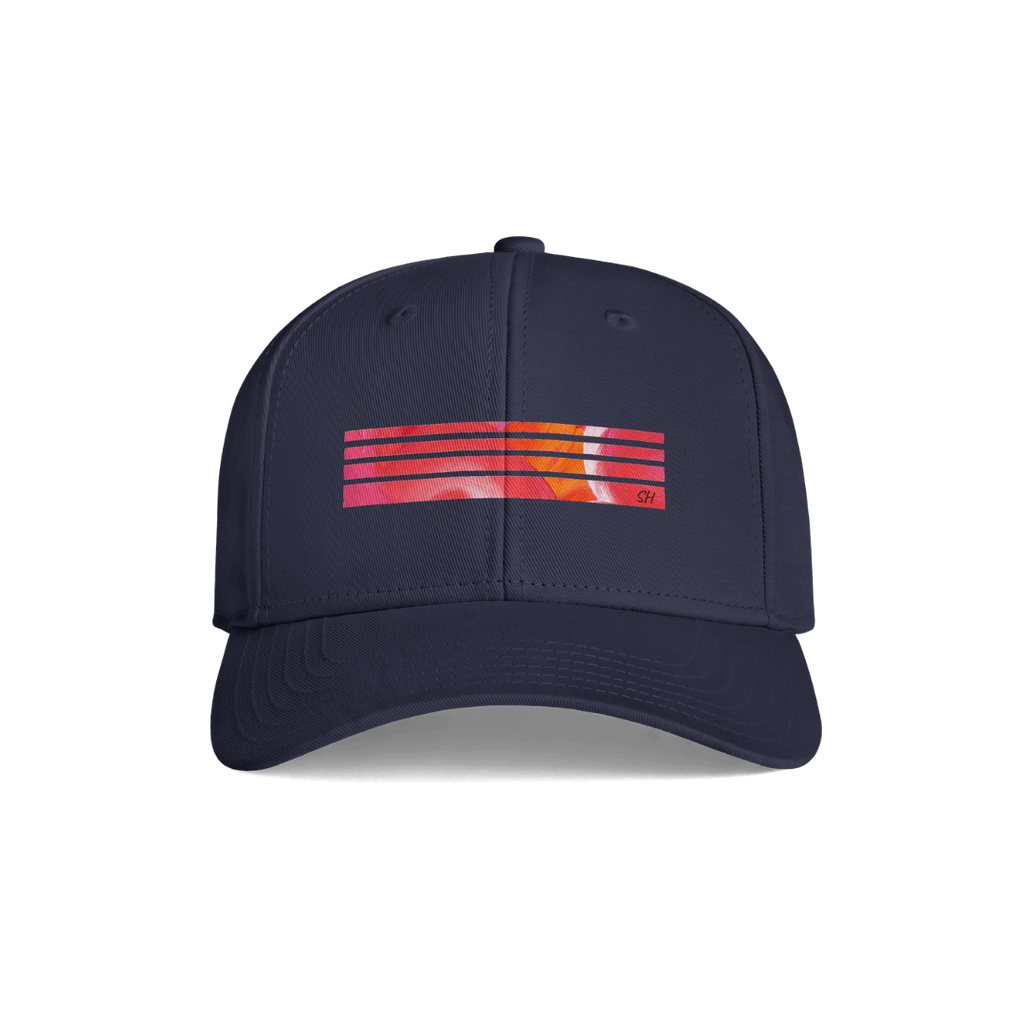A navy blue baseball cap with a colorful graphic on the front consisting of horizontal red, orange, and yellow stripes, shown against a plain white background.