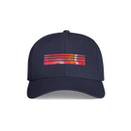 A navy blue baseball cap with a colorful graphic on the front consisting of horizontal red, orange, and yellow stripes, shown against a plain white background.