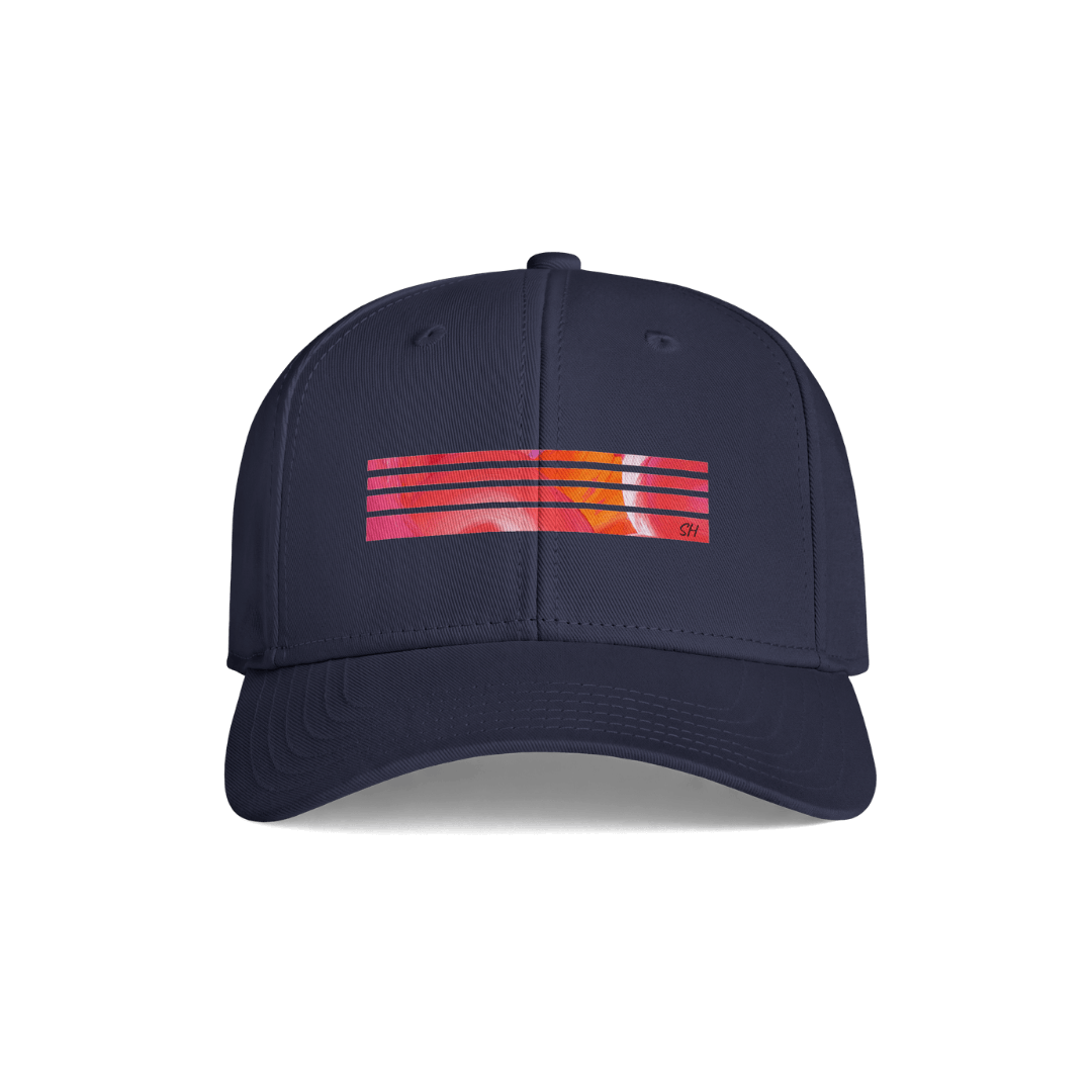 A navy blue baseball cap with a colorful graphic on the front consisting of horizontal red, orange, and yellow stripes, shown against a plain white background.