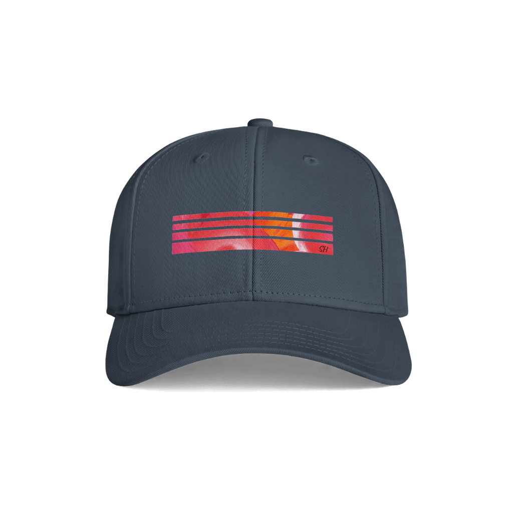 A dark slate blue baseball cap featuring a horizontal graphic on the front with red, orange, and yellow stripes and a small red 'dr.'s' logo, shown against a plain white background.