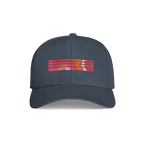 A dark slate blue baseball cap featuring a horizontal graphic on the front with red, orange, and yellow stripes and a small red 'dr.'s' logo, shown against a plain white background.