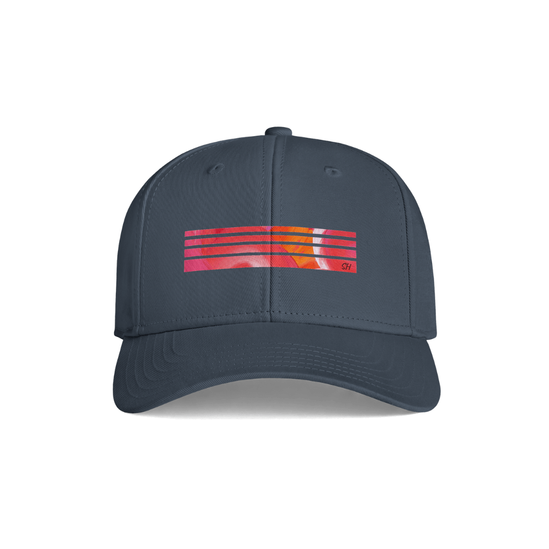 A dark slate blue baseball cap featuring a horizontal graphic on the front with red, orange, and yellow stripes and a small red 'dr.'s' logo, shown against a plain white background.