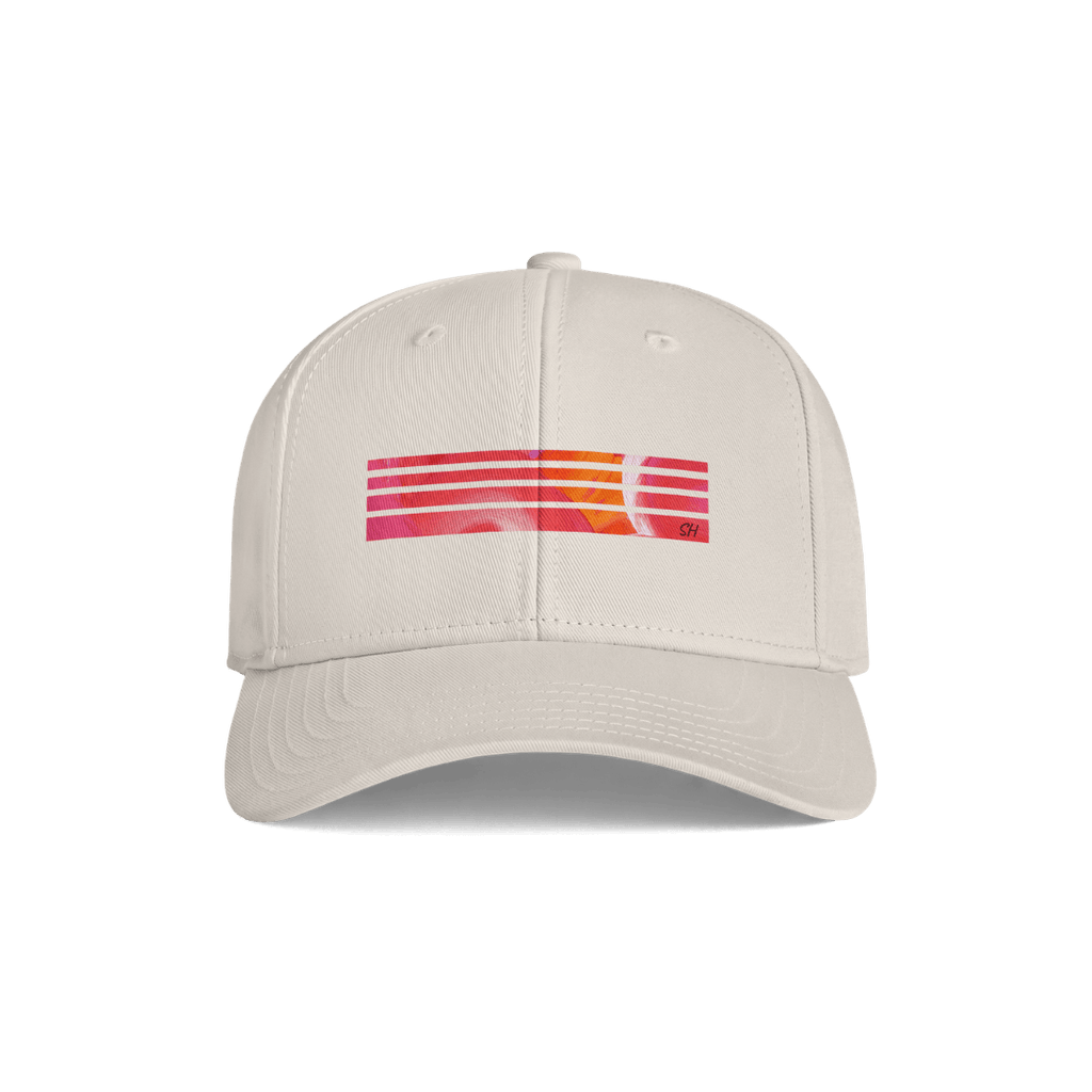 A light beige baseball cap featuring a colorful horizontal striped graphic on the front panel, set against a plain white background.