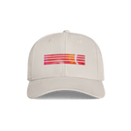 A light beige baseball cap featuring a colorful horizontal striped graphic on the front panel, set against a plain white background.
