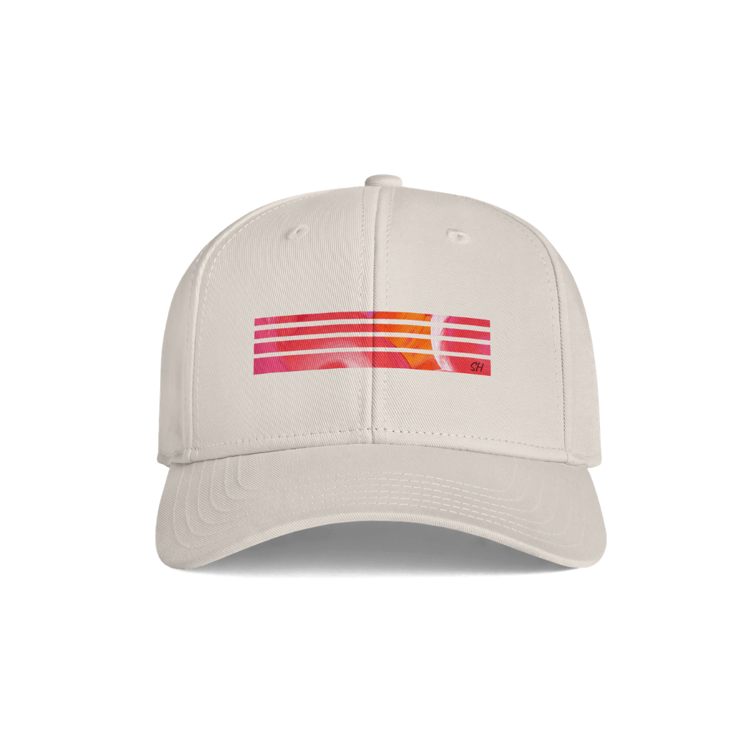 A light beige baseball cap featuring a colorful horizontal striped graphic on the front panel, set against a plain white background.