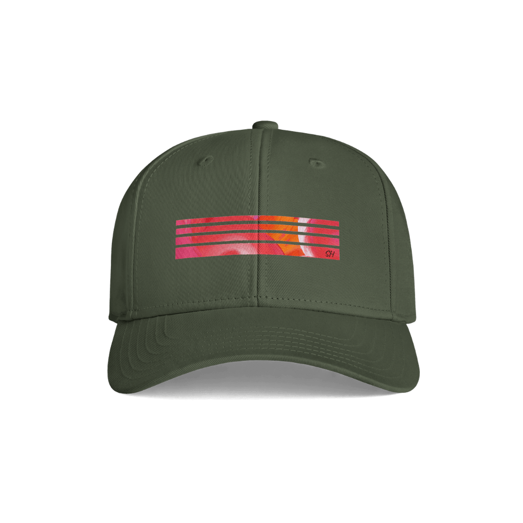 An olive green baseball cap with a colorful horizontal stripe graphic on the front panel, featuring a small red 'GK' logo on the right side of the graphic, shown against a plain white background.
