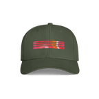 An olive green baseball cap with a colorful horizontal stripe graphic on the front panel, featuring a small red 'GK' logo on the right side of the graphic, shown against a plain white background.